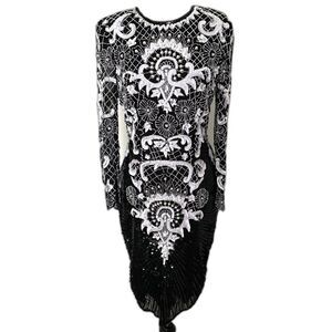 Vintage Evening by Jon Charles Beaded Sequins Long Sleeve Silk Mini Dress Sz M